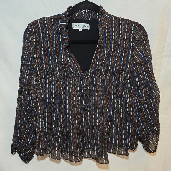 A Piece Apart 100% Silk Printed V Neck Baby Doll High Neck Blouse, sz 4 - Picture 1 of 8